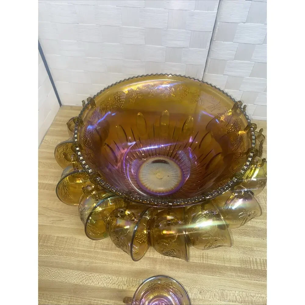 60s 70s Indiana Glass Iridescent Marigold Carnival Glass Punch Bowl 12 Cup Set